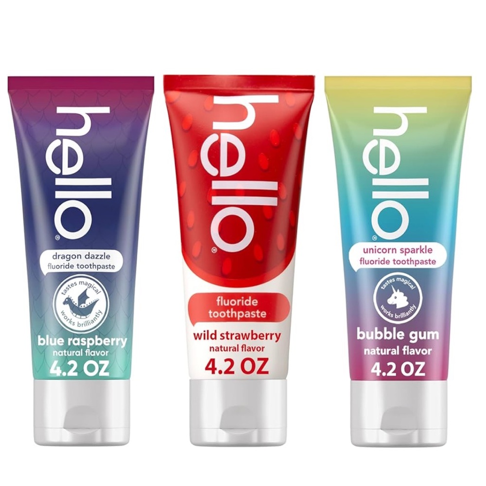 hello Fluoride Toothpaste Strawberry, Unicorn Bubble Gum, and Blue Raspberry